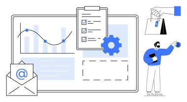 Ekranda grafik analizi, listeli pano, e-posta, çark, online alışveriş çantası ve geliştirici. Analiz, e-posta stratejisi, e-ticaret uygulaması geliştirme takım çalışması planlaması için ideal