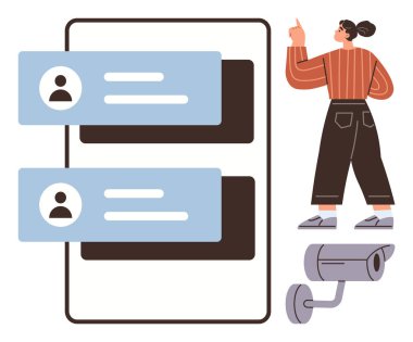Güvenlik kamerasının yanındaki ekranda mesajları ve kullanıcı profillerini gösteren bir kadın. Gizlilik, izleme, veri güvenliği, çevrimiçi iletişim, kullanıcı profilleme ve teknoloji için ideal