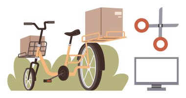Kargo bisikleti kutular, makas ve yakınlarda bir bilgisayar monitörü taşıyor. Teslimat, lojistik, sürdürülebilirlik, iş, e-ticaret çevre dostu ulaşım ve iş sadeliği için ideal. Basit bir daire.