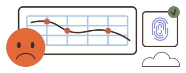 Şebeke çizelgesinde aşağı doğru eğilim çizgisi, üzgün yüz simgesi, onaylanmış parmak izi ve bulut ögesi. Veri güvenliği, analitik, biyometrik, uyum ve trendler için ideal basit düz metafor