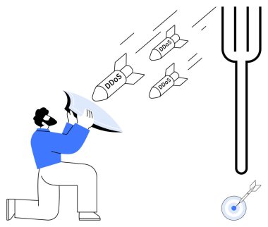 DDOS füzeleri, büyük çatal ikonu ve yerde bir hedef ile diz çökmüş biri var. Siber güvenlik, dijital güvenlik, tehdit koruması, dayanıklılık, veri savunması, risk için ideal