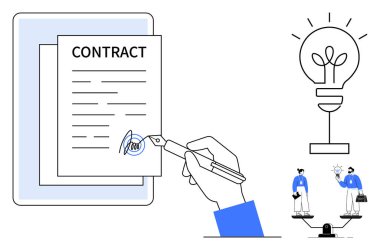 El imzası sözleşmesi, yaratıcı fikirleri simgeleyen ampul, terazide dengede duran iş adamları. Yenilik, anlaşma, takım çalışması, iş stratejisi, müzakere, denge girişimciliği için ideal