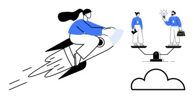 Büyümeyi ve ilerlemeyi simgeleyen rokete binen kadın, yenilik ve iş stratejisini karşılaştıran iki birey. Girişimcilik, denge, başarı ve rekabet için ideal