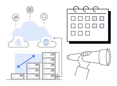 Veri sunucularına bağlı bulut, planlama takvimi, vizyon için el ele tutuşan teleskop. Teknoloji, strateji, programlama, veri paylaşımı, gelecek planlama, küresel güvenlik erişimi için idealdir. Basit.