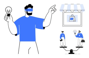 VR kulaklıklı bir adam elinde ampul, perakende mağazası grafiği, iş adamlarıyla dengeli bir ölçek tutuyor. Sanal gerçeklik, teknoloji, perakende, yenilik, iş kararları, e-ticaret için ideal