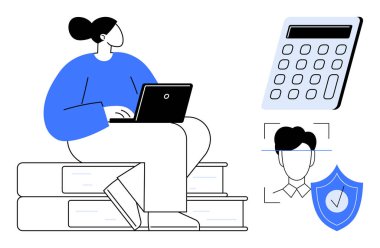 Dizüstü bilgisayar, hesap makinesi, yüz tanıma sistemi ve güvenlik kalkanı üzerine oturmuş bir kadın. Eğitim, finans, teknoloji, kimlik koruması için ideal, güvenlik öğrenimi basit