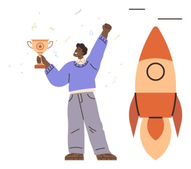 Konfetilerle çevrili kırmızı-turuncu bir roketin yanında zafer hatırası toplayan kişi. Başarı, başarı, kutlama, ilerleme, hırs, motivasyon ve yenilik için ideal. Temiz daire