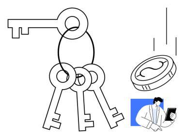 Yüzüğün üzerindeki anahtarlar erişimi ve mülkiyeti simgeliyor, madeni para maddi değeri gösteriyor ve iş adamı da tablet taşıma stratejisini simgeliyor. Finans, iş, yatırım, karar verme, mülkiyet için ideal