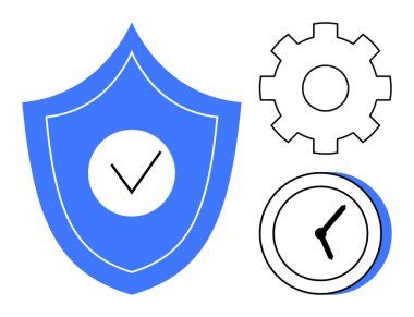Koruma işaretli mavi kalkan, süreci sembolize eden vites ve zaman için saat. Güvenlik, güvenilirlik, zaman yönetimi, verimlilik, optimizasyon güveni planlaması için ideal. Basit.