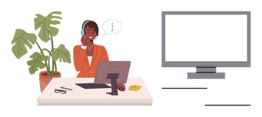 Masasında kırtasiye malzemesi, monitör, saksı, konuşma ikonu olan kulaklı bir kadın. Müşteri hizmetleri, iş, teknoloji, iletişim, çalışma alanı işbirliği için ideal