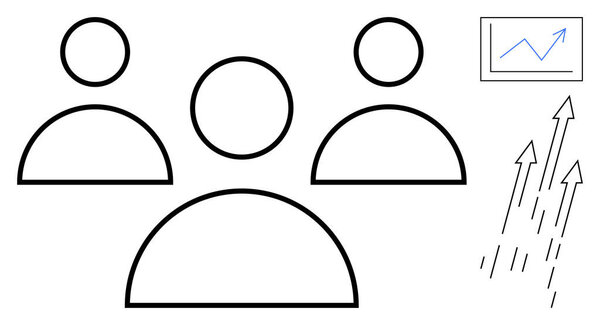 Иконки людей, связанные с графиком роста и восходящими стрелками. Идеально подходит для командной работы, лидерства, успеха, роста бизнеса, стратегии, инноваций, сотрудничества. Простая плоская метафора