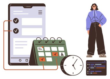 Görev arayüzü olan büyük bir akıllı telefon, işaretli takvim, saat, şifre kırıcı ve günlük giysili bir kadın. Organizasyon, programlama, verimlilik, verimlilik iş akışı için ideal
