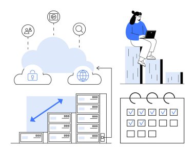 Güvenlikli bulut ağı, ölçeklenebilir veri sunucuları, görev takvimi, büyüme grafiği, dizüstü bilgisayarı analiz eden kullanıcı. Bulut depolama, veri ölçeklendirme, görev planlaması, takım işbirliği büyüme stratejisi için ideal