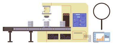 Taşıyıcı banttaki robot kol denetimi ürünleri, monitörde gösterilen veriler, gözde canlandıran camlar. Üretim, otomasyon, kalite güvencesi, yapay zeka denetimi, robot teknolojisi için ideal