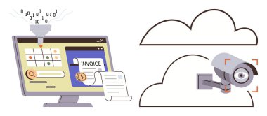 Bilgisayar veri girişi, fatura işleme, belge ve bulut bağlantılı güvenlik kameralarını görüntülüyor. Veri yönetimi, finans, otomasyon, teknoloji, güvenlik bulut hesaplaması için ideal