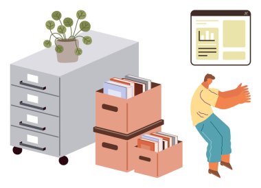 Bitkilerle, dosya kutularıyla, dijital arayüzle ve eşyaları düzenleyen işçilerle dolu bir ofis çekmecesi. Organizasyon için ideal, ofis yönetimi, dijital iş akışı, üretkenlik, minimalizm çok işlevli basit daire