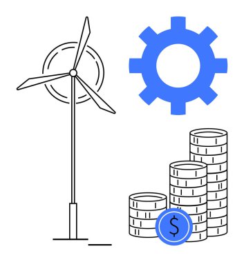 Rüzgar türbini dişli ve bozuk paraların yanında bir dolar işareti ile sürdürülebilirliği, yeniliği ve karlılığı simgeler. Enerji, finans, yatırım, çevre, gelecek ve teknoloji için ideal