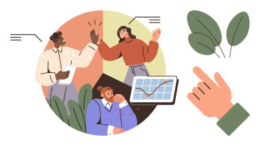 Takım işbirliği yapıyor, tablet üzerinde büyüme tablosu üzerinde çalışıyor, gelişmeyi beşlikle kutluyor. Takım çalışması, işbirliği, hedef belirleme, üretkenlik, başarı analitik iletişimi için ideal. Basit düz