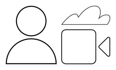 Kullanıcı profili taslağı, video kamera simgesi ve bulut şekli vurgulama çevrimiçi iletişim, video konferans, uzaktan işbirliği, dijital depolama, medya, bulut paylaşımı ve düz bir şekilde basitlik
