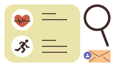 Kalp atışı monitörü, metin satırlı koşucu simgesi, büyüteç ve zarf basit bir düz metaforda sağlık takibi, fitness, arama, e-posta, iletişim, araştırma ve refahı temsil ediyor.