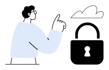 Bulut ve asma kilit sembolünü gösteren adam güvenlik, mahremiyet ve dijital güvenliği simgeliyor. Bulut bilgisayarı, siber güvenlik, veri koruması, şifreleme, çevrimiçi gizlilik bilgileri için ideal