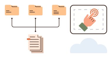 Organize dosya dizinleri birleştirildi, dosyalar istiflendi, dokunmatik ekran etkileşimi ve bulut grafiği. Veri depolama, bulut hesaplama, dijital organizasyon, iş akışı, navigasyon takım çalışması için ideal basit