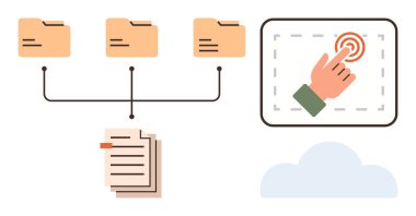 Organize dosya dizinleri birleştirildi, dosyalar istiflendi, dokunmatik ekran etkileşimi ve bulut grafiği. Veri depolama, bulut hesaplama, dijital organizasyon, iş akışı, navigasyon takım çalışması için ideal basit
