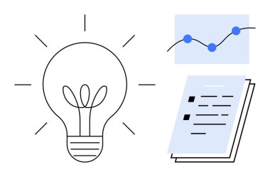 Yaratıcılığı sembolize eden ampul, organizasyon için belge sayfaları ve analiz için çizgi grafiği. Yenilik, strateji, beyin fırtınası, planlama, eğitim, üretkenlik için ideal basit düz metafor