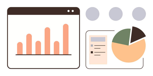 Штрих-граф, круговая диаграмма, макет документа и три круга, представляющие визуализацию данных. Идеально подходит для аналитики, бизнеса, рыночных исследований, финансов, анализа данных отчетности и стратегии в простой