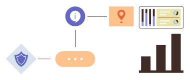 Kalkan, bilgi simgesi, konum iğnesi, torpido gözü ve bar grafiği ile işlem akış diyagramı. Veri işleme, analitik, güvenlik iş akışı optimizasyon yönetimi raporlama ve stratejisi için idealdir. Basit.