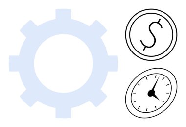 Vites, dolar işareti ve saat zaman yönetimi, maliyet verimliliği ve iş akışı optimizasyonunu vurguluyor. İş için ideal, üretkenlik, ilerleme süreci, zaman değeri ekonomisi kurumsal finansman
