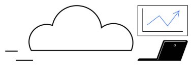 Dizüstü bilgisayara bağlı büyük bulut şekli ve yükselen eğilimli büyüme grafiği. Teknoloji, veri depolama, ağ oluşturma, yenilik, analitik, ilerleme, dijital dönüşüm için ideal. Basit düz