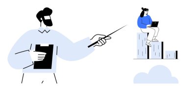 Elinde dosya tutan ve grafikleri gösteren bir adam, dizüstü bilgisayarlı bir kadın. İş stratejisi, takım çalışması, veri analizi, liderlik, büyüme, sunumlar için ideal, basit düz metafor