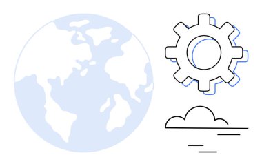 Dünya gezegeni, teçhizat ve bulut elementleri küresel işbirliği, teknoloji, yenilik ve sürdürülebilirliği iletir. İş, çevre, ağ mühendisliği stratejisi için ideal dijital