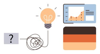 Parlayan bir ampule, soru işaretine, çizelgeye ve analitik grafiğe uzanan karmaşık bir çizgi. Yenilik, problem çözme, fikirler, yaratıcılık analizi netlik ve büyüme için idealdir. Basit düz