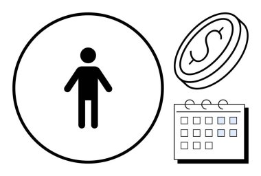 Çemberdeki kişi simgesi, dolar işareti olan bozuk para, takvim çizelgesi. Bütçe, mali planlama, zaman yönetimi, tasarruf, üretkenlik, organizasyon zenginliği için ideal