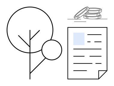 Minimalist ağaç, bozuk para yığını ve belge doğa, ekonomi ve anlaşmaları sembolize eder. Sürdürülebilirlik, finans, çevre ekolojisi iklim hareketi ekonomik büyüme için idealdir. Basit düz