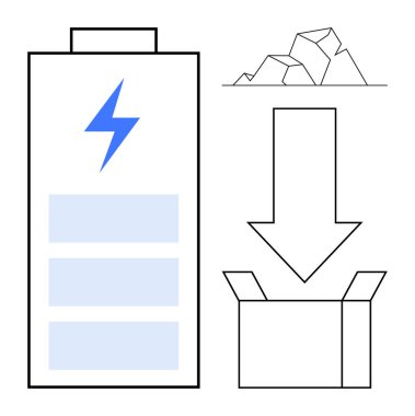 Yıldırımlı pil, hammadde olarak kayalar, kutuyu gösteren ok. Enerji, geri dönüşüm, sürdürülebilirlik, yenilenebilir kaynaklar, çevreci farkındalık, yeşil imalat basit düz metafor