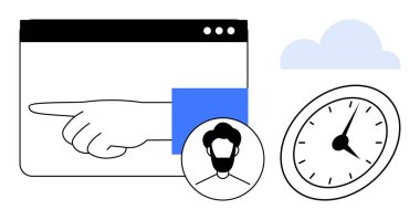 El işaretli tarayıcı penceresi, kullanıcı avatarı, saat ve bulut. Zaman yönetimi, kullanıcı yönlendirmesi, iş akışı verimliliği, karar verme, çevrimiçi navigasyon görev öncelikleri için ideal basit düz