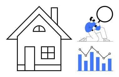Pencereli ve bacalı ev taslağı, büyüteçle analiz eden kişi, bar ve çizgi çizelgesi. Emlak fiyatlandırması, emlak, teftişler, büyüme, analitik ve yatırım stratejisi için ideal