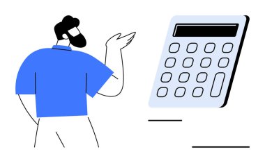 Ulaşılabilir tasarım ile büyük boy hesap makinesine doğru hareket eden bir adam. Finans, bütçe, muhasebe, eğitim, vergiler, verimlilik ve iş planlaması için idealdir. Düz basit metafor