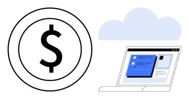 Bulut işaretli online ödemeler, finansal teknoloji, bulut hesaplama, dijital platformlar, e-ticaret, uzaktan erişim ve basit bir dairede modern finansal sistemler içeren dolar sikke ve dizüstü bilgisayar