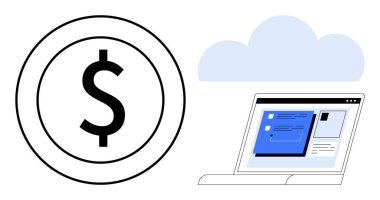 Bulut işaretli online ödemeler, finansal teknoloji, bulut hesaplama, dijital platformlar, e-ticaret, uzaktan erişim ve basit bir dairede modern finansal sistemler içeren dolar sikke ve dizüstü bilgisayar