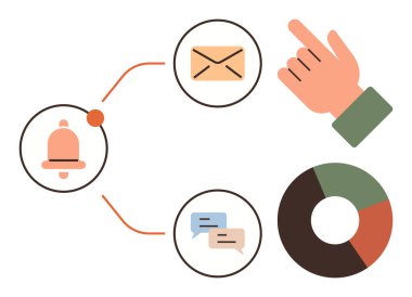 Bildirim akışına işaret ederek zil, zarf, konuşma baloncukları ve pasta grafiği. İletişim, üretkenlik, iş akışı, organizasyon, geri besleme veri analizi için ideal basit düz metafor
