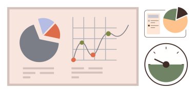 Veri noktalarıyla birlikte turta grafiği, çizgi grafiği ve hız göstergesi göstergesi. İş analizi, pazarlama, istatistik, performans takibi, strateji planlaması, sunum basit