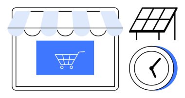 Alışveriş arabası, yenilenebilir enerji için güneş paneli ve zaman farkındalığı için saat. E-ticaret, sürdürülebilirlik, enerji verimliliği, yeşil iş, zaman yönetimi için ideal