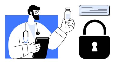 Erkek doktor aşı şişesi ve tableti tutuyor, sağlık, veri güvenliği ve gizlilik konularını vurguluyor. Sağlık, güvenlik, aşı, veri koruması, siber güvenlik kayıtları için idealdir.
