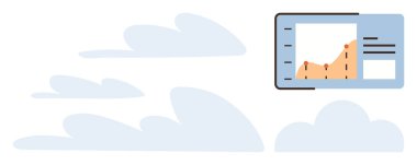 Bulutların arasında yüzen ve teknolojiye odaklı bulut ortamında veri, büyüme ve yeniliği temsil eden bir trend tablosu olan gösterge paneli. Analiz, teknoloji, iş eğilimleri ve yenilik için ideal