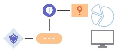 Kalkanlı akış şeması, bilgi simgesi, konum belirleyici, yönlendirici, harita ve masaüstü. Güvenlik için ideal veri akışı dijital sistem tasarım bağlantı analizi teknolojisi. Basit düz