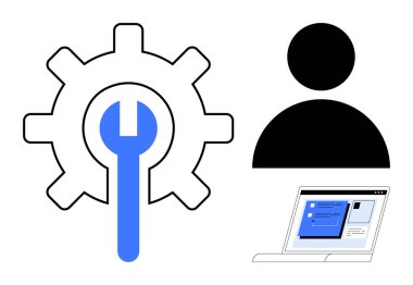 Anahtar, kullanıcı simgesi ve dizüstü bilgisayarı olan vites ayarları, kullanıcı etkileşimi, bakım, teknoloji. Basit teknoloji, geliştirme, hizmet desteği kullanıcı deneyimi organizasyonu için ideal
